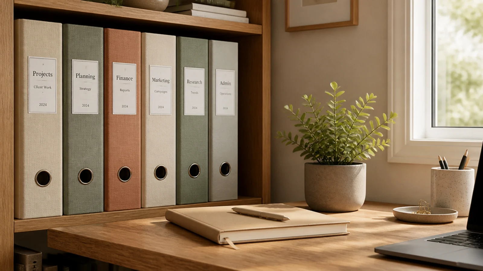 A shelf beside an office desk holding labeled reference binders upright, spines out and sorted by topic.