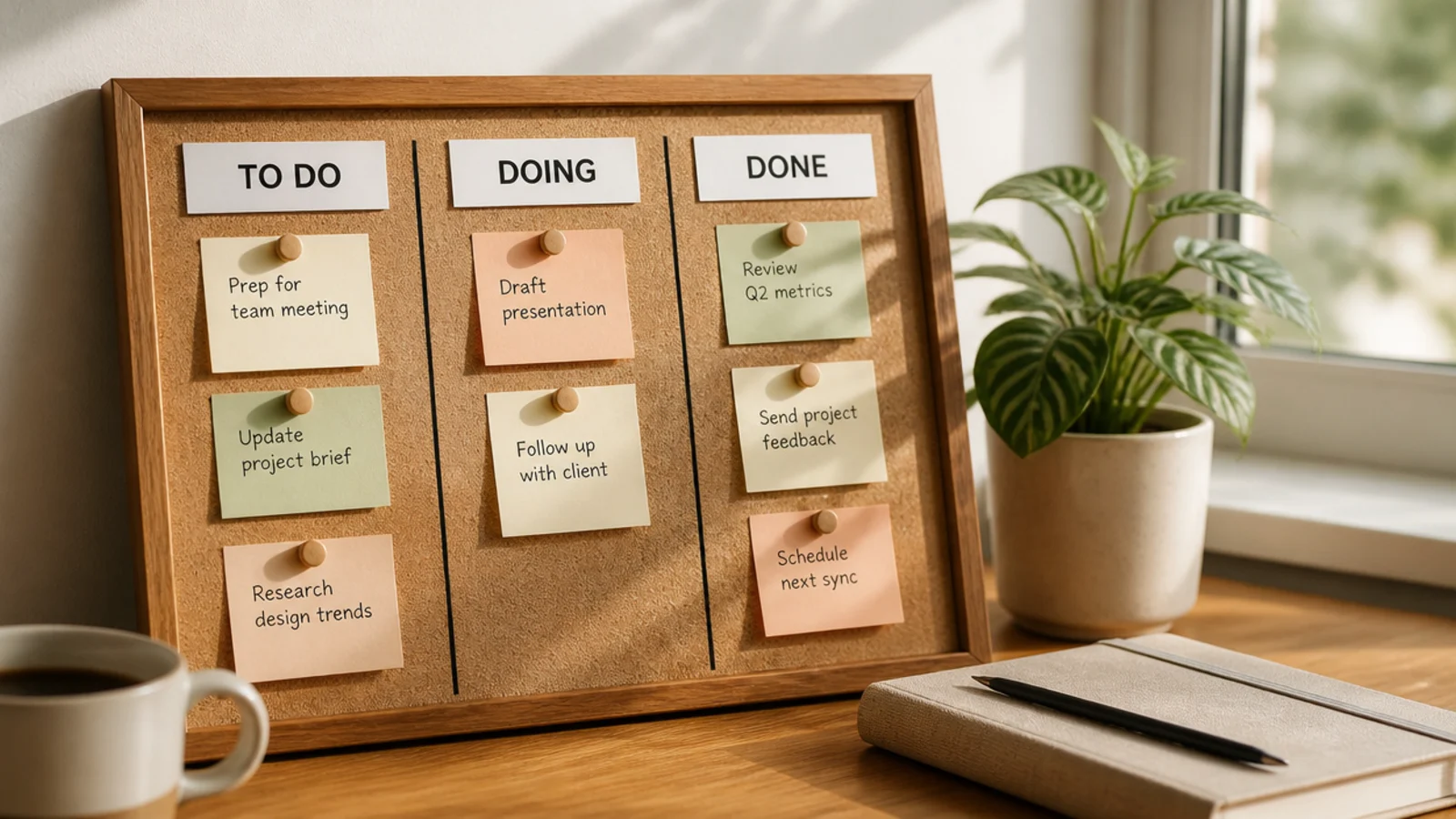 A small task board beside an office desk with sticky notes sorted into to-do, doing, and done columns.