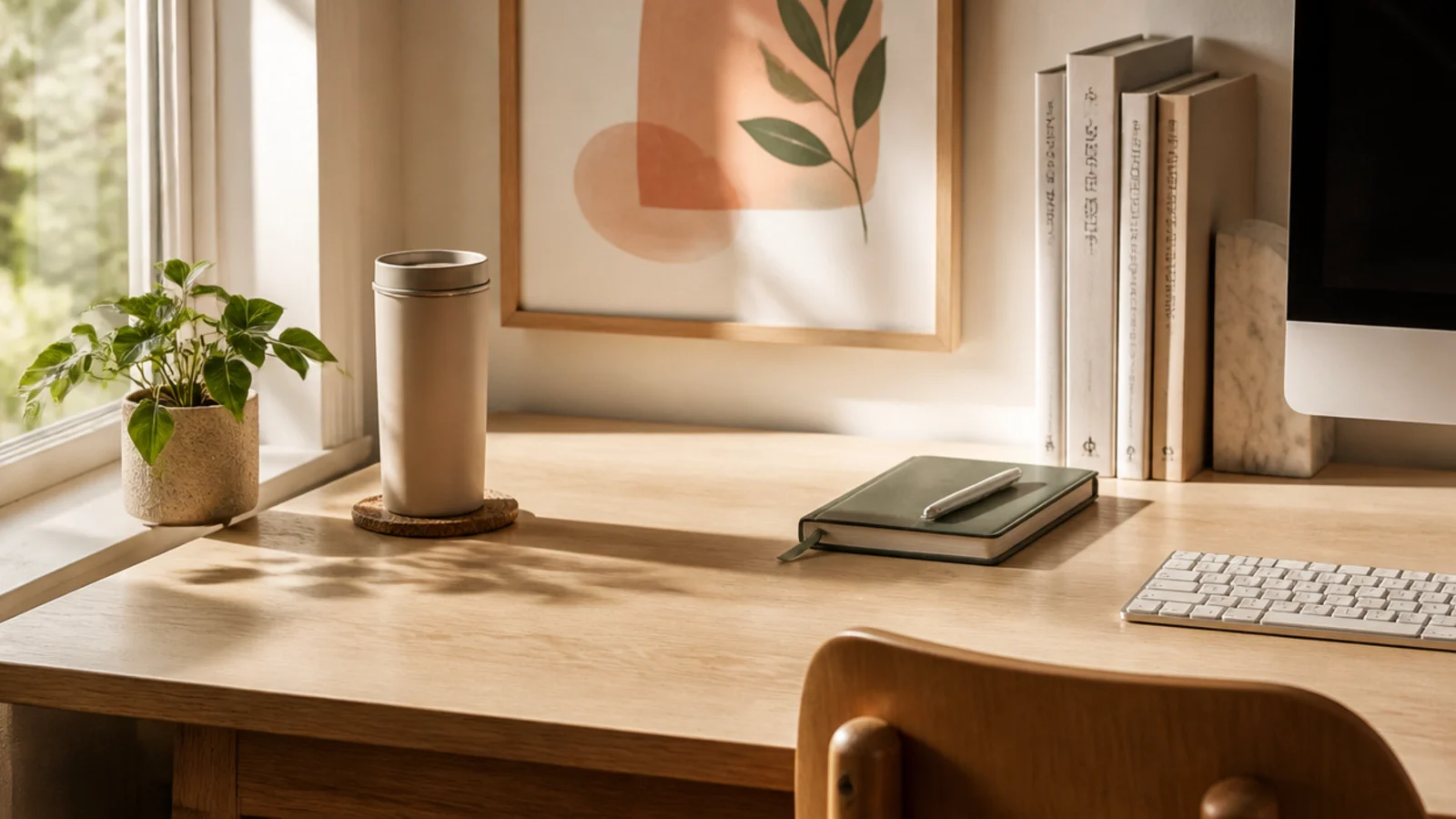 A lidded travel mug on a coaster placed at the far corner of an office desk, away from the keyboard and papers.
