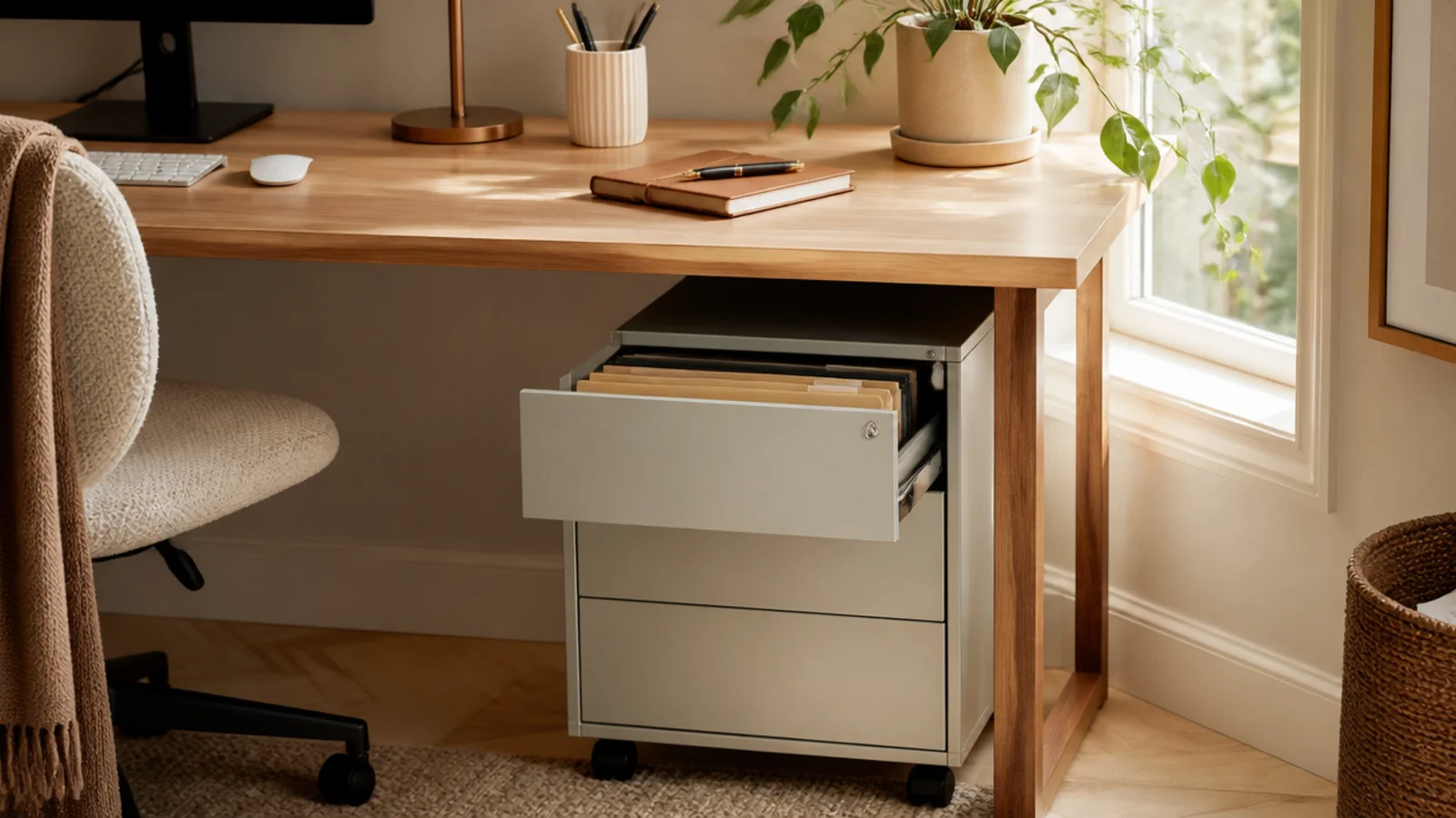 A compact filing cabinet or drawer unit tucked under an office desk holding hanging folders.