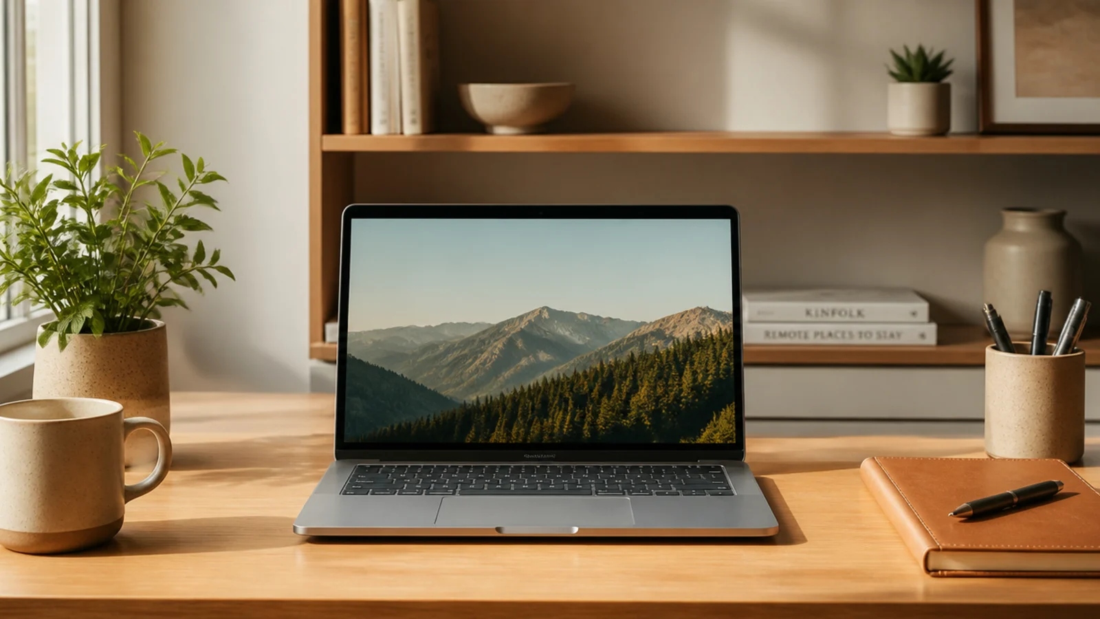 The tidy shelf and plain wall visible behind an office desk, styled simply for a professional call background.
