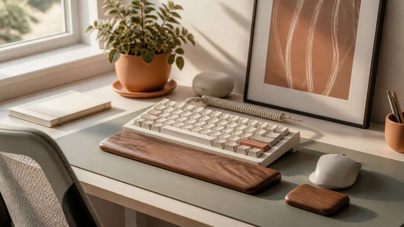 A keyboard and mouse positioned squarely in front of a chair with wrist rests, arms at a comfortable angle.