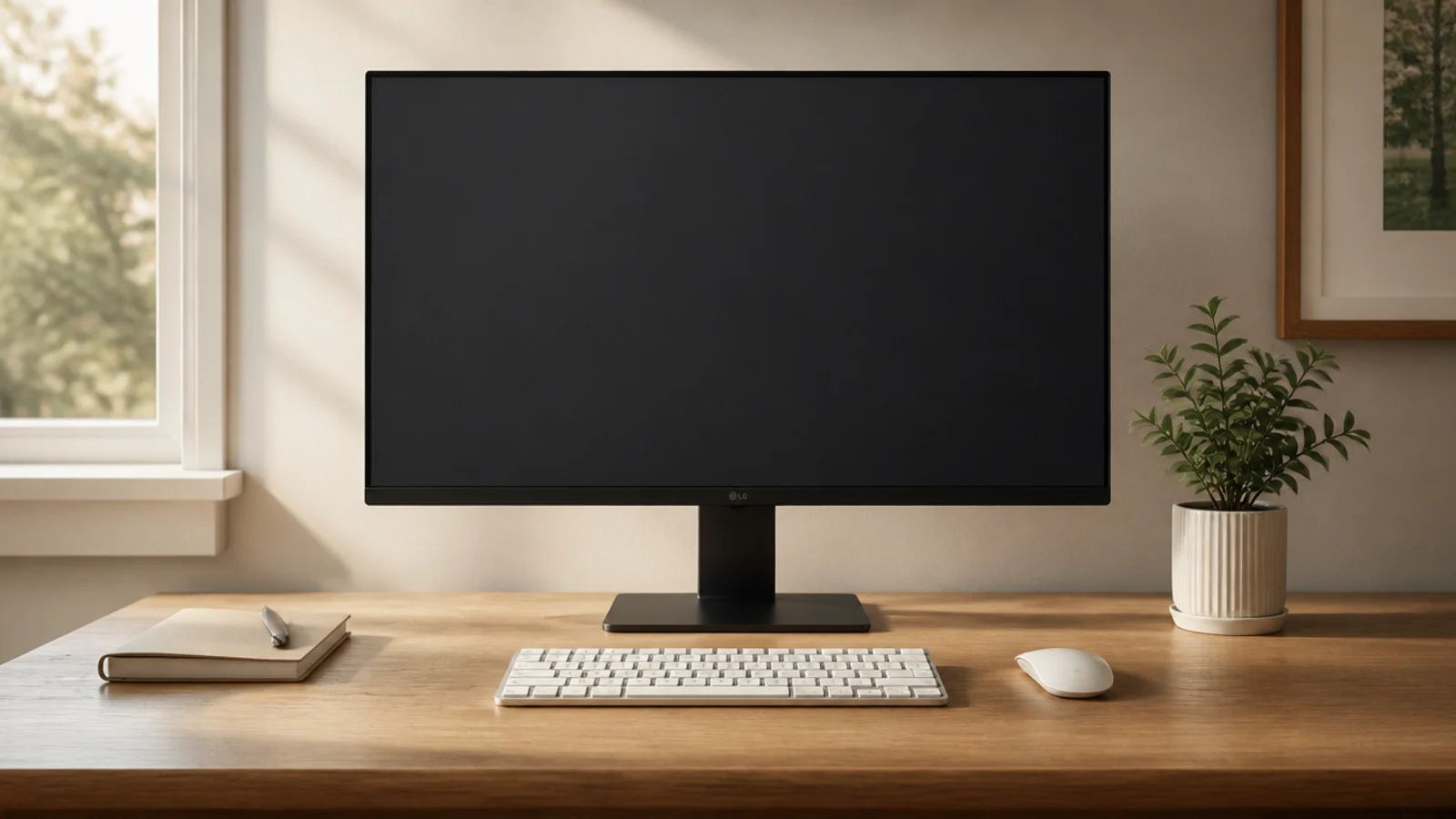 A cleared, wiped office desk at the end of the day with only the monitor, keyboard, and one plant remaining.