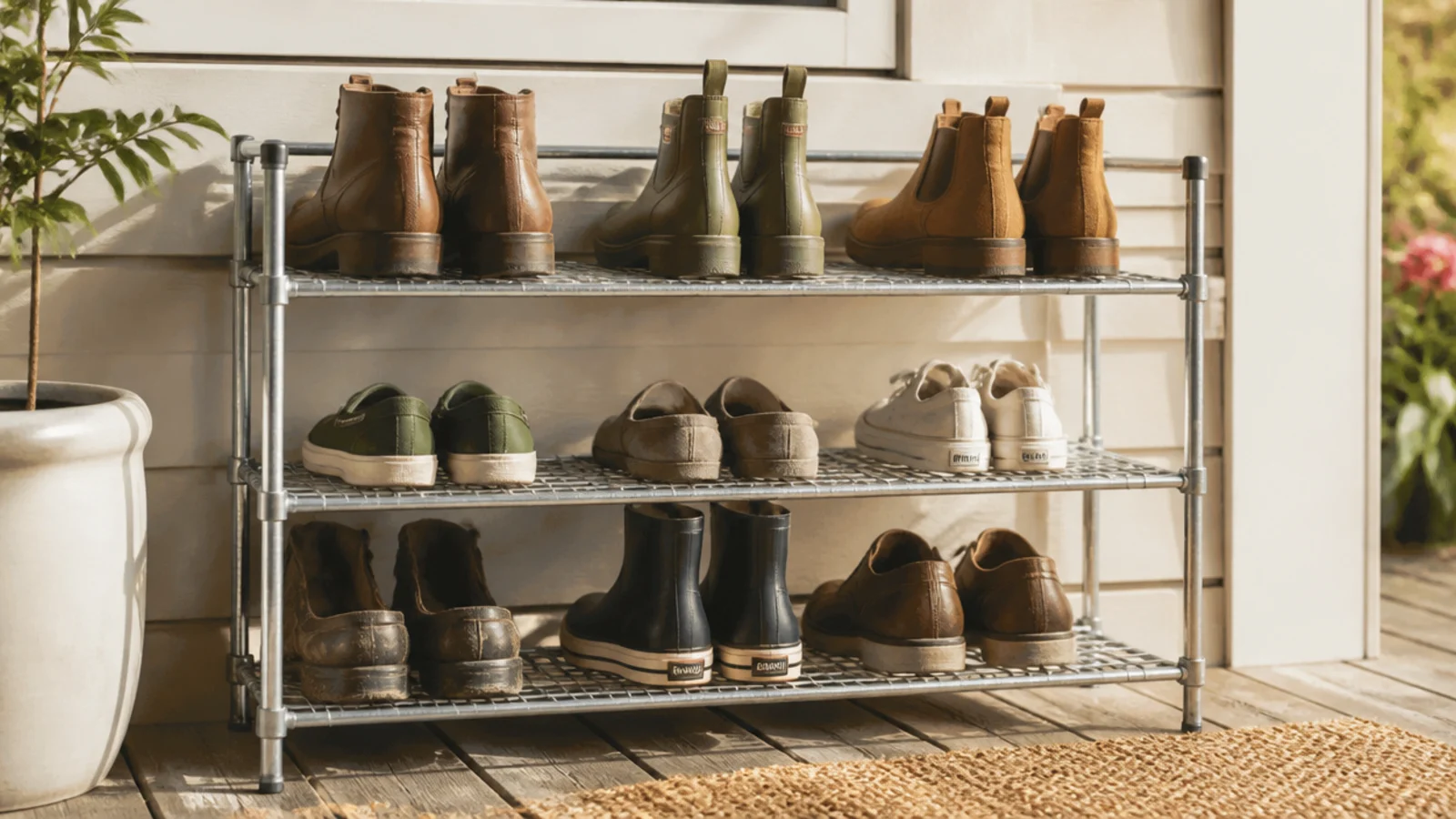 A simple galvanized steel wire shoe rack on a porch, holding boots and shoes with water draining through the grid.