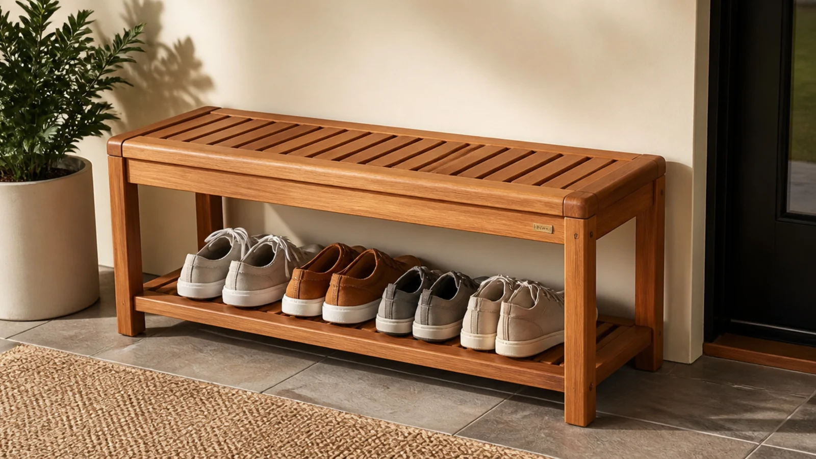 A slatted teak bench on a covered porch with a lower shelf of shoes, golden-brown weather-resistant wood.