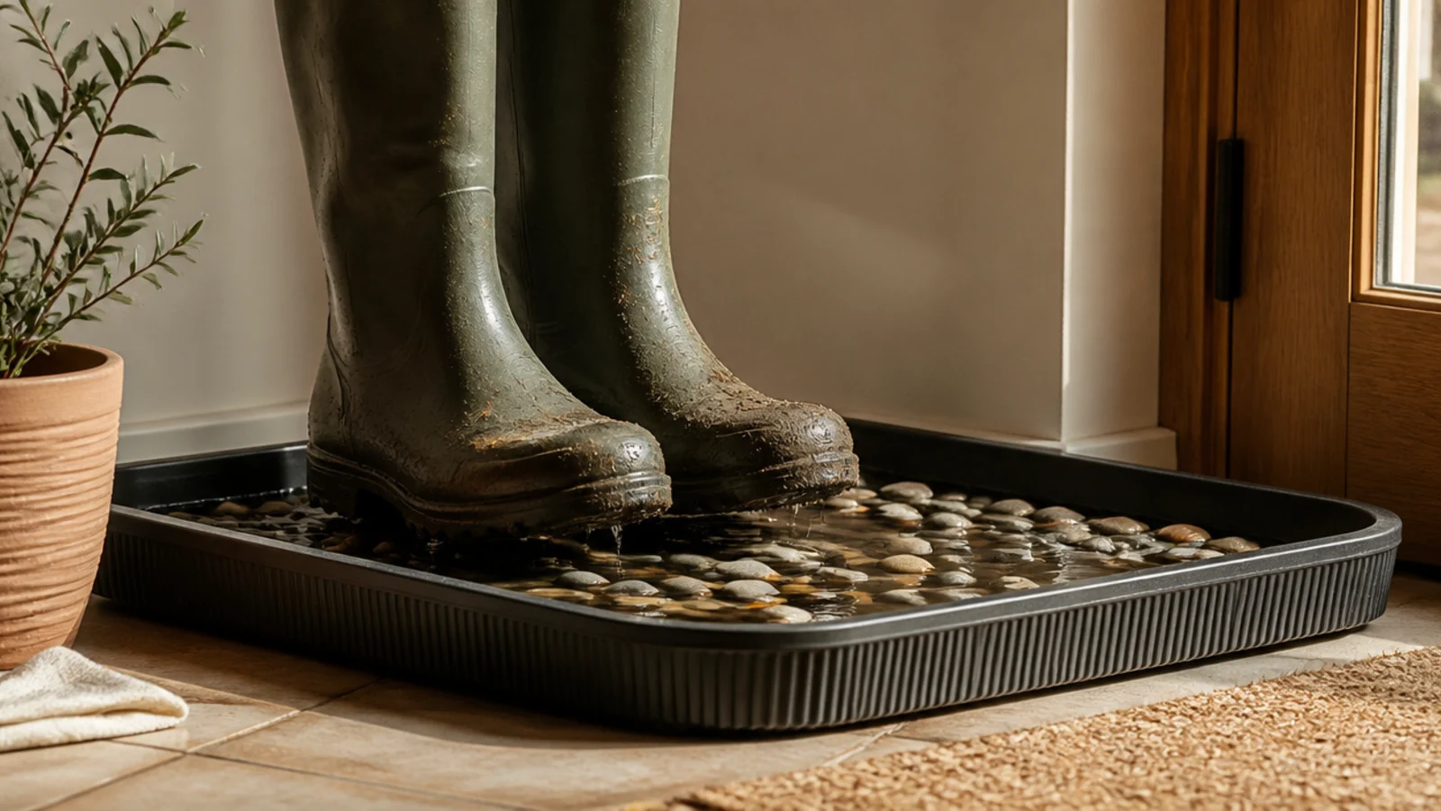 A large ribbed rubber boot tray by a door with pebbles inside, muddy boots draining above the standing water.