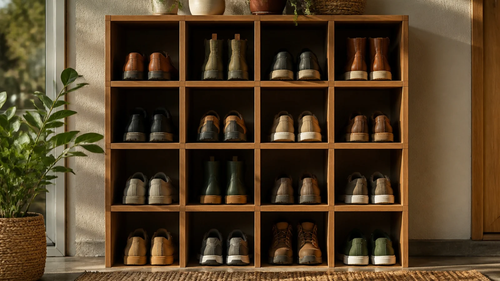 A wall of cedar cubbies mounted under a porch eave, each open square holding a pair of outdoor shoes.