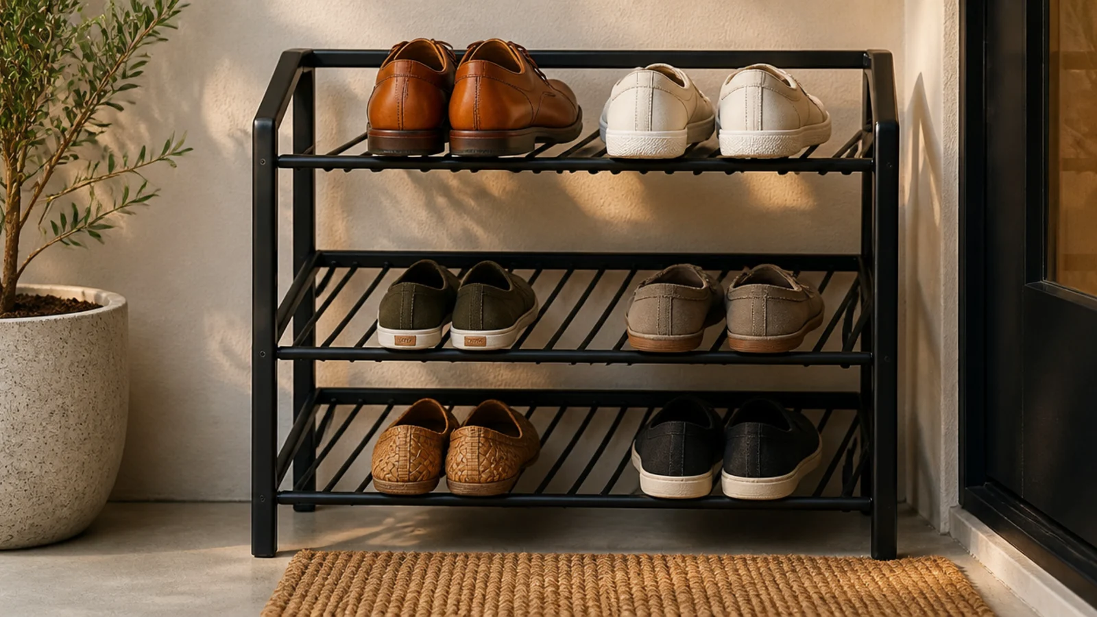 A sleek powder-coated black steel shoe rack on a patio with angled bar tiers holding shoes, water draining through.