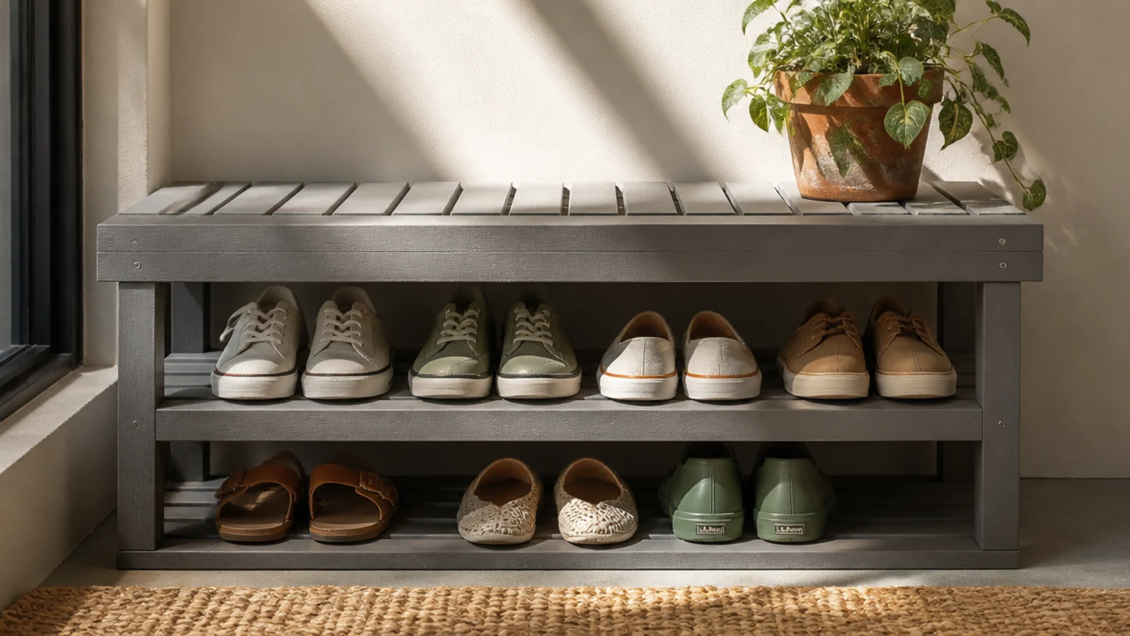A shoe rack made of recycled-plastic lumber slats in a soft gray, weatherproof and holding several pairs.