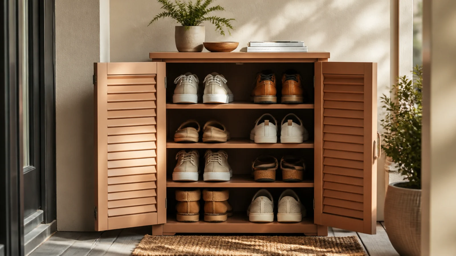 A weather-resistant cabinet with louvered doors on a covered porch, doors open to show shoes stored inside.