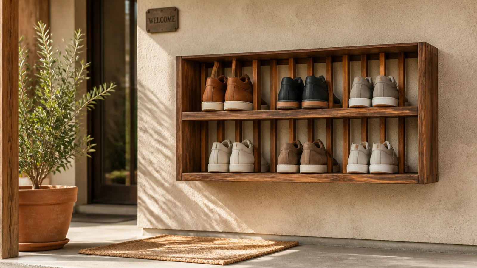 A slatted wooden shoe rack mounted on an exterior wall under an eave, keeping the stoop below clear.