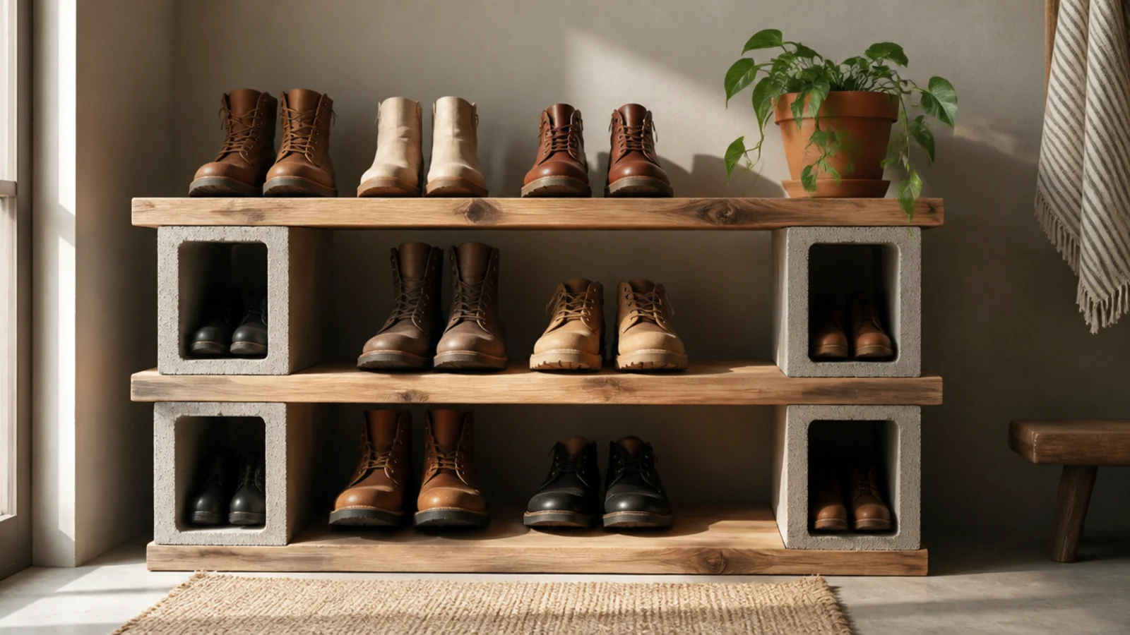 A rugged outdoor rack of concrete blocks with sealed boards across them, boots stored on the levels and in the block holes.