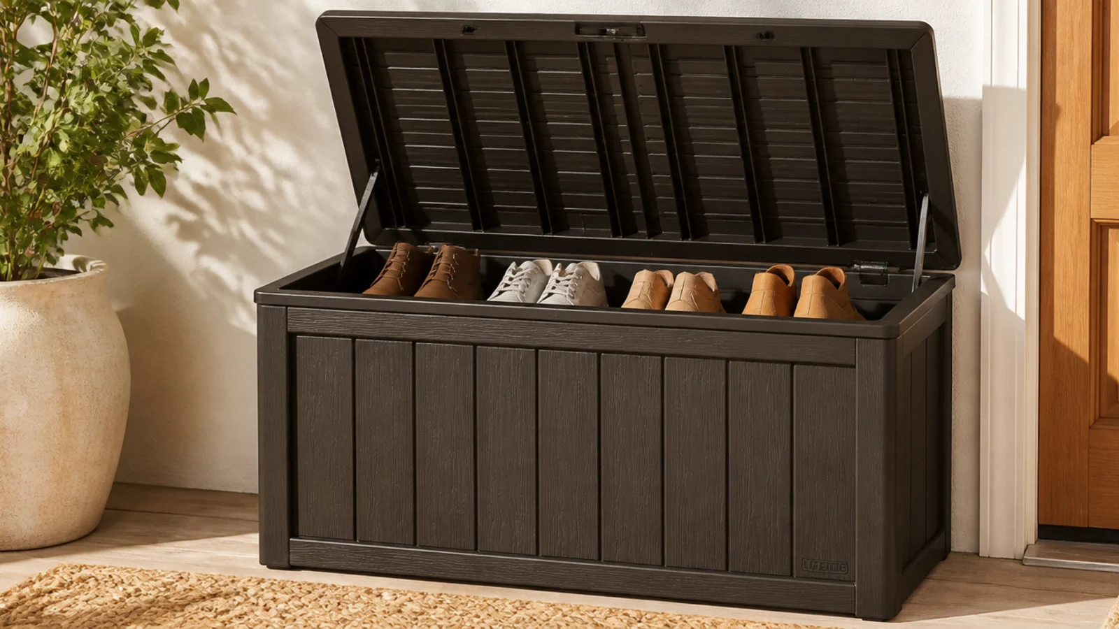 A resin deck-box-style storage bench on a porch with the lid lifted to show shoes stored dry inside.