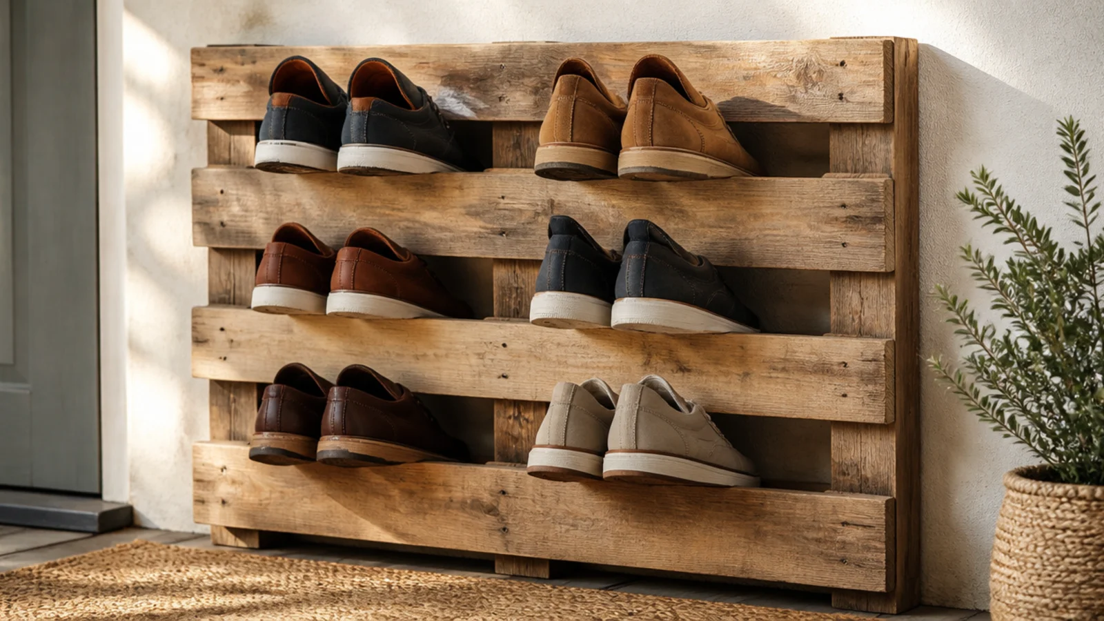 A heat-treated pallet sealed and mounted on a porch wall, shoes slotted into the slat gaps at an angle.