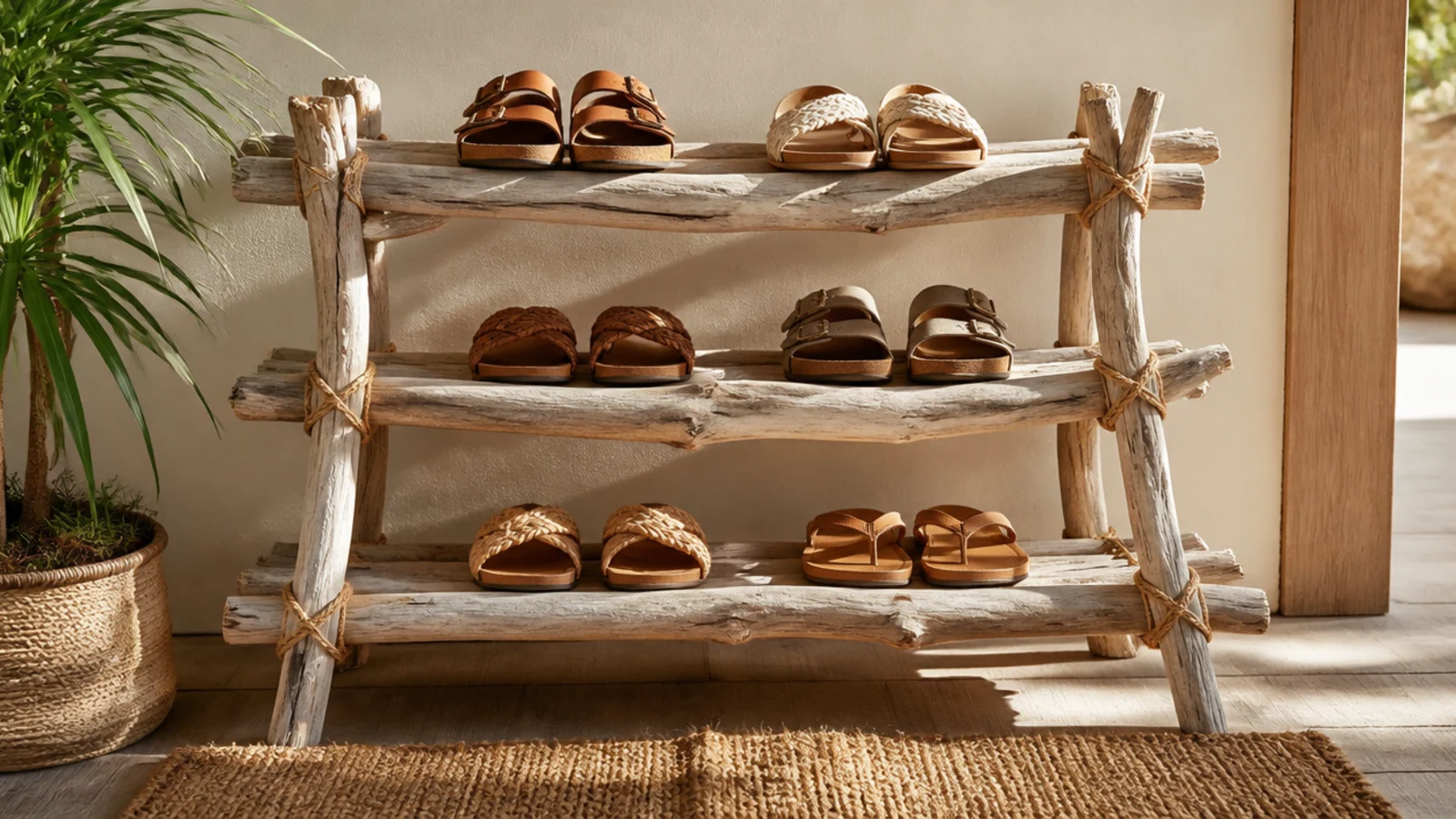 A coastal-style rack of weathered driftwood poles lashed with rope, sandals resting across the poles on a porch.