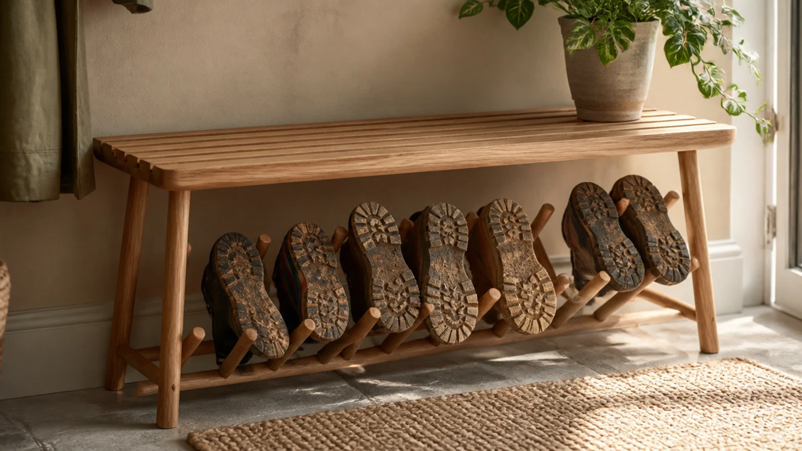 An outdoor bench with a slatted seat and angled dowels beneath holding muddy boots upside down to drain and dry.