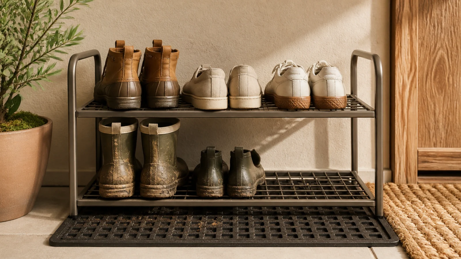 A low metal rack sitting on a ribbed rubber grid mat outside a door, mud falling through the mat below the shoes.