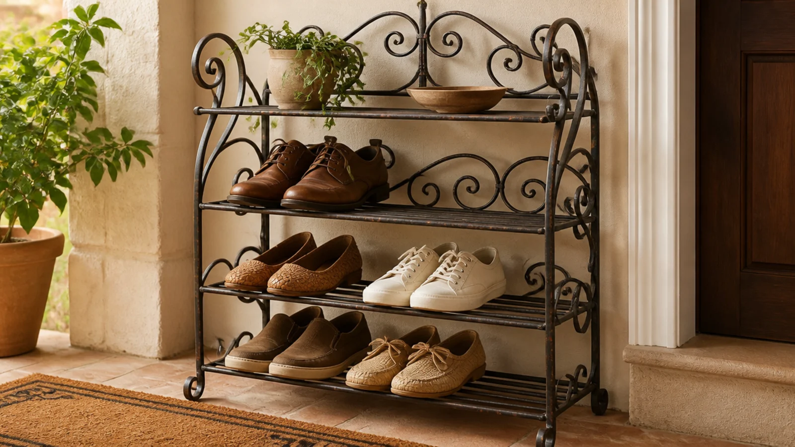A decorative wrought-iron shoe rack with scrollwork on a covered porch, holding shoes on curved metal tiers.