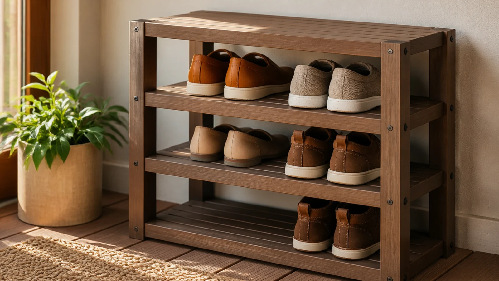 A shoe rack built from leftover composite decking boards with slatted shelves, matching the deck it sits on.