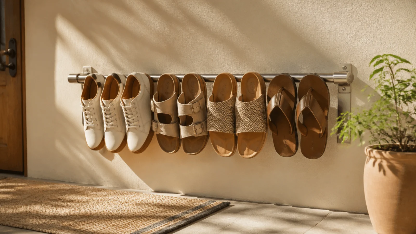 A brushed stainless steel rail mounted on an exterior wall with shoes and sandals hooked over it in a row.