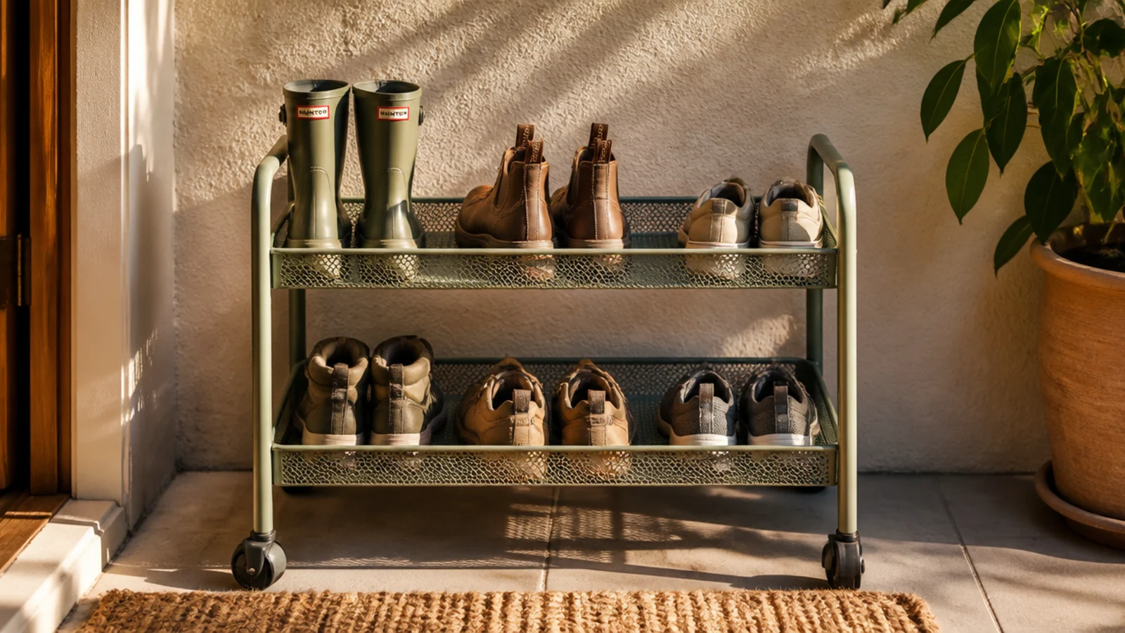A metal rolling cart with mesh shelves on the porch holding outdoor shoes, wheeled aside for sweeping.