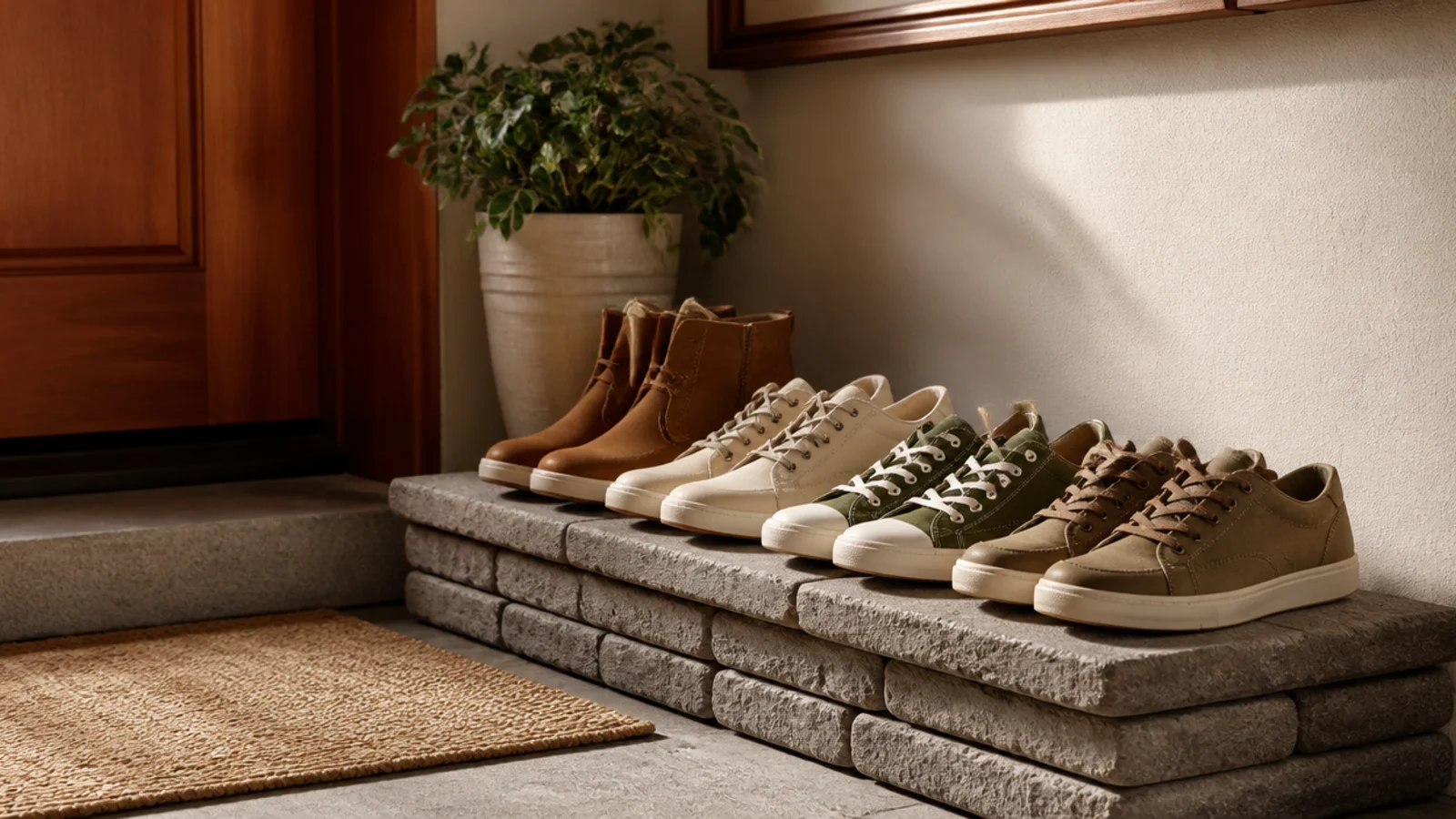 A low ledge built from stacked pavers beside a door, shoes lined along the flat stone top out of the dirt.