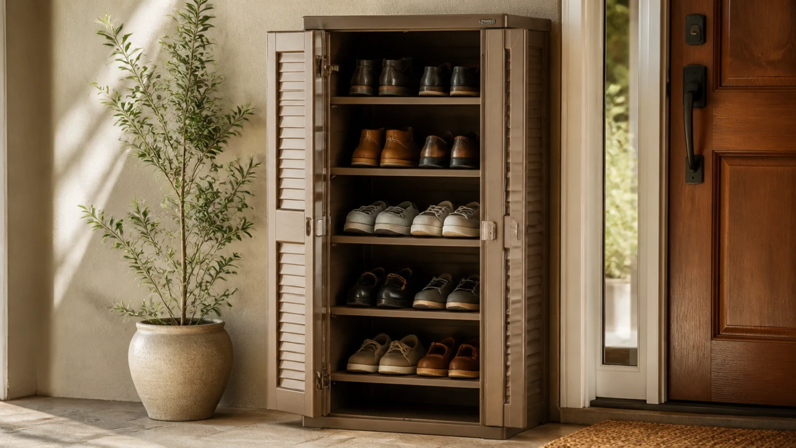 A tall resin outdoor cabinet with vented doors beside a front door, storing many pairs of shoes protected from weather.
