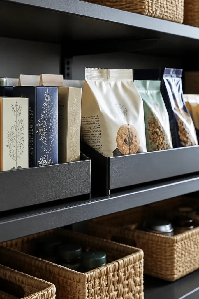 Three matching trays with raised front lips holding pantry items in tidy rows.