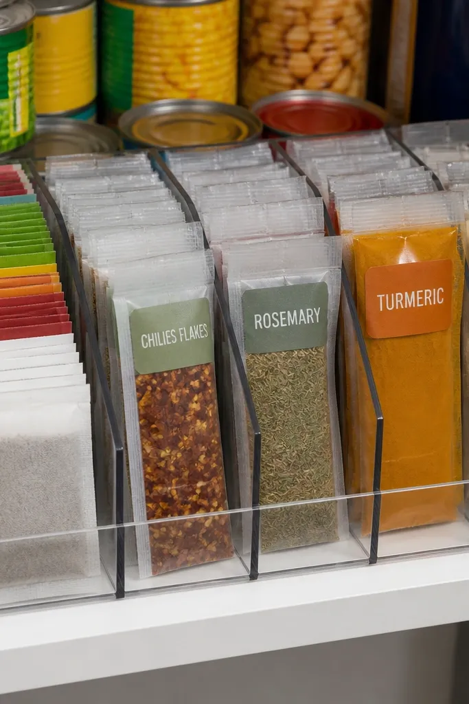 Slim vertical dividers holding spice packets upright in neat columns.