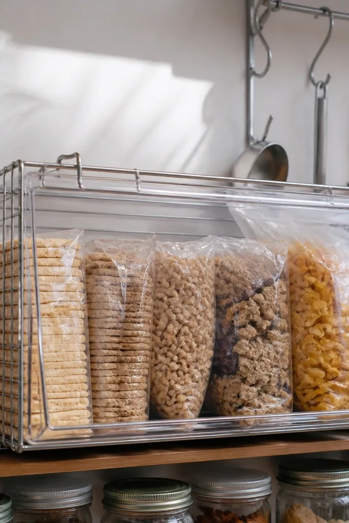 Wire baskets with a clear front cover keeping dry goods neat and visible.