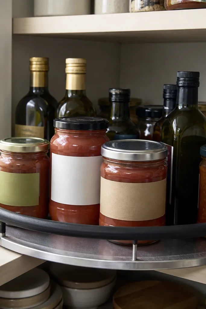 Small lazy susan insert turning jars with a ring that stops them from sliding.