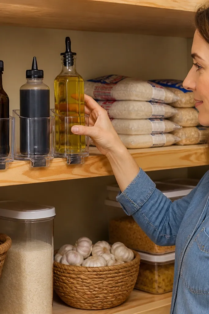 Clear cup holders lining up small bottles with visible labels and uniform spacing.