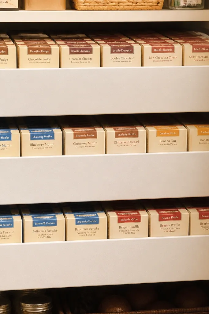 Stacked drawer-style bins pulling out baking mixes neatly labeled.