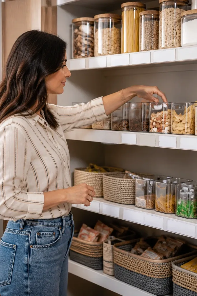 A continuous label strip with categories aligned along the shelf front.