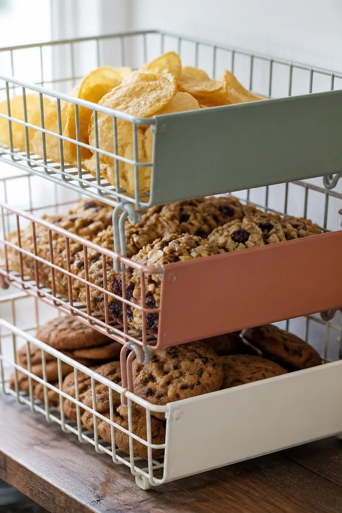 Two-tier wire baskets holding snacks with labeled fronts and consistent spacing.