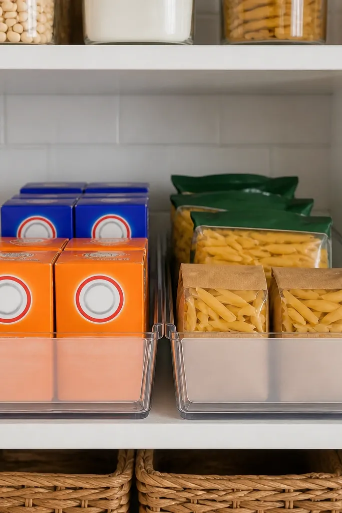 A reversible bin setup that rotates packages so front items are always first-in.