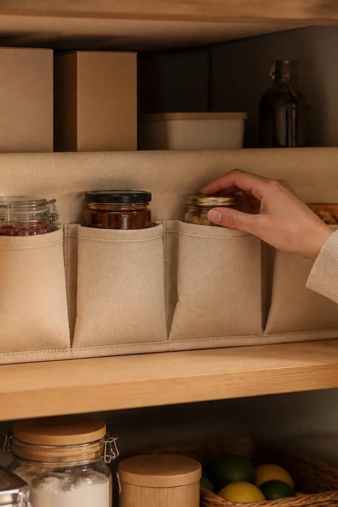 A roll-up fabric divider with pockets organizing items in a deep pantry shelf.