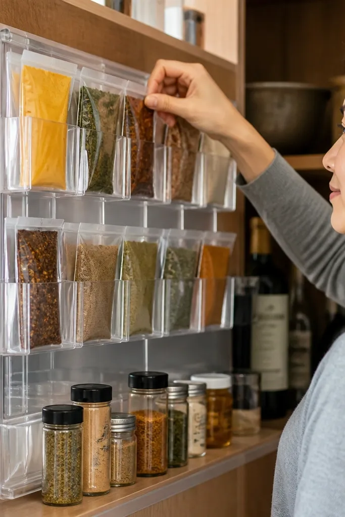Acrylic sleeves mounted on a shelf side holding packets in a uniform vertical display.