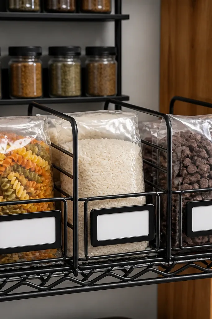 Matte black wire dividers creating boxed-in sections on a pantry shelf.