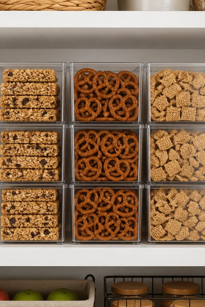 Clear stack cubes holding snacks in uniform blocks with visible labels.