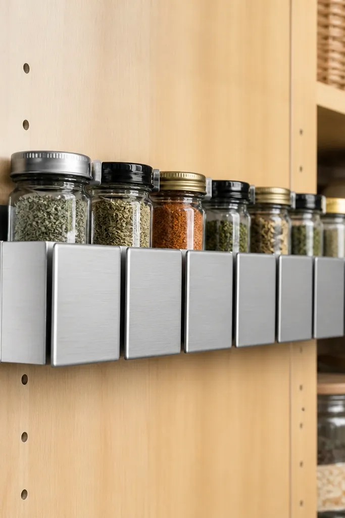 Magnetic rail on pantry shelf with swing-out label cards and jars aligned