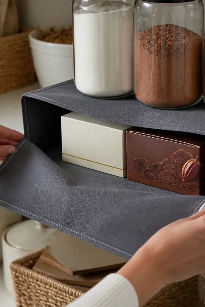 Fold-open liner drawer on pantry shelf with powder-proof fabric and neatly stacked boxes