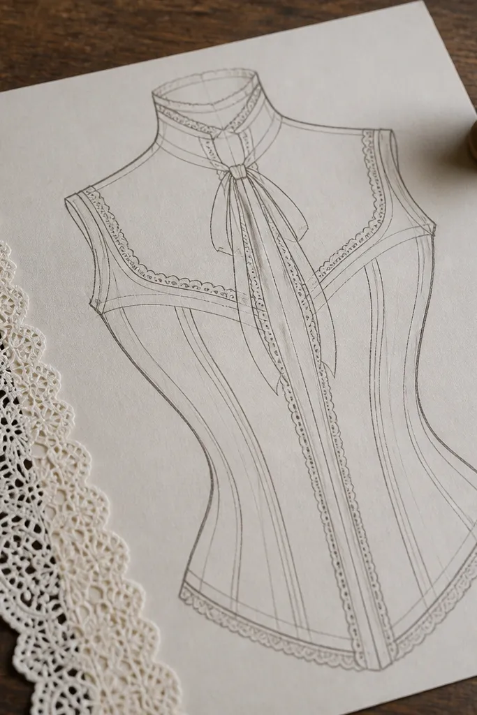 Paper doll base with a high neckline and corset-like torso shape