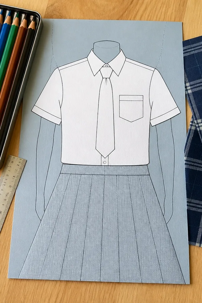 Paper doll base with a pleated skirt shape and uniform-like torso
