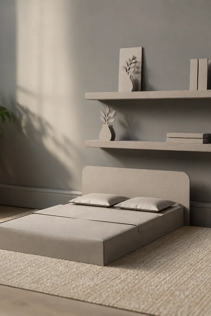 Warm gray bedroom with floating shelves, a small bed, and a minimal rug