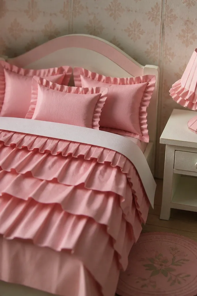Blush pink bed with ruffled duvet and a small lamp on a pale dresser