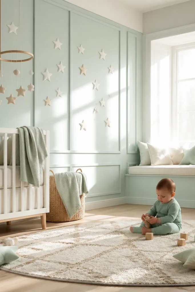 Mint and cream nursery with stars on the wall and a window seat