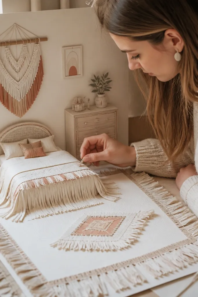 Ivory boho bedroom with a fringe rug and macrame-style wall decor