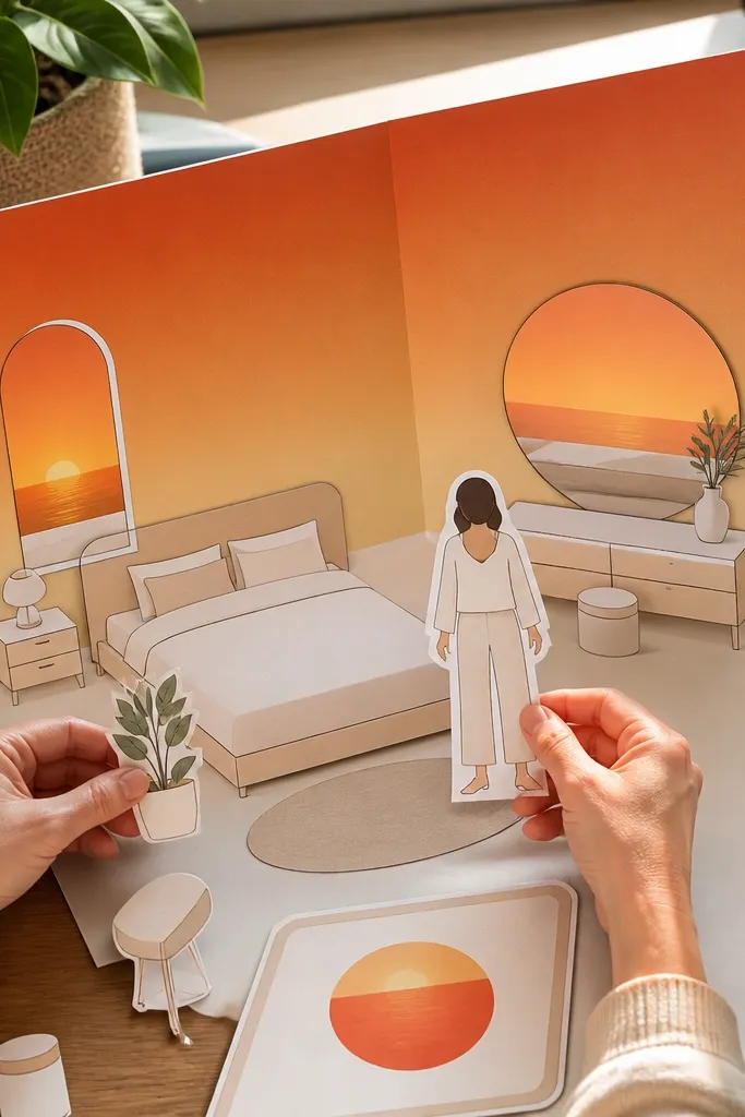Gradient sunset bedroom with tangerine walls, a mirror, and a simple bed