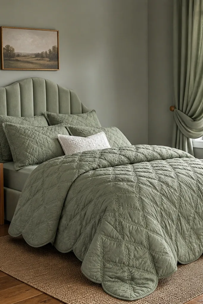 Sage green bedroom with a quilted bed panel and looping window curtains